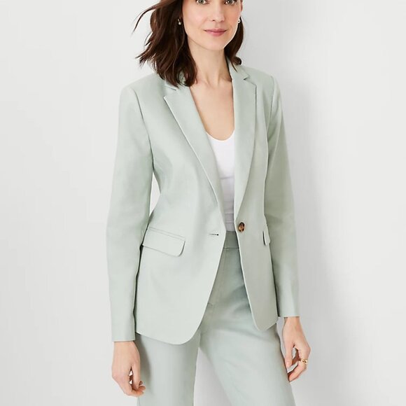 Ann Taylor Petite Linen Blend 2-piece Pant Suit in Aqua Grey NWT - Picture 2 of 7